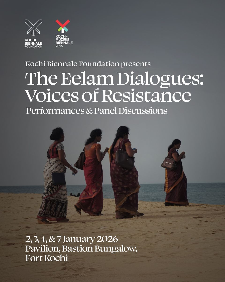 The Eelam Dialogues: Voices of Resistance programme poster, four women in saris walking on a beach