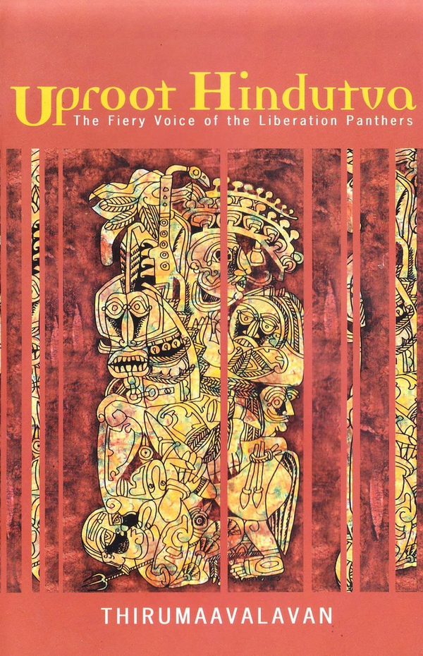 Uproot Hindutva cover: a gold figurative painting in vertical bands on red